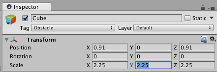 Unity Cube Transform Properties